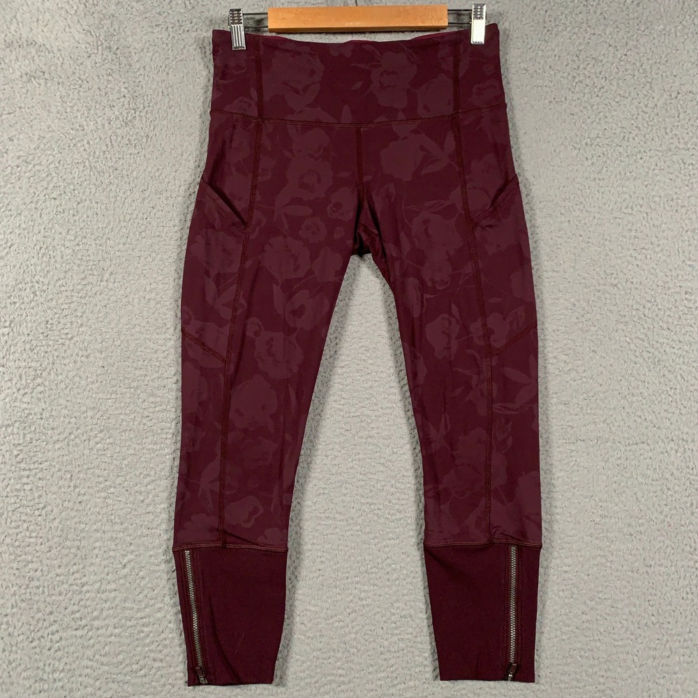 Lululemon Rebel Runner Crop Leggings Women 8 Burgundy Floral Luxtreme Zip Pocket